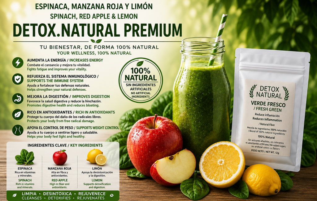 Detox Verde Fresco – Sobres Individuales 100% Natural
Fresh Green Detox – Individual Sachets 100% Natural